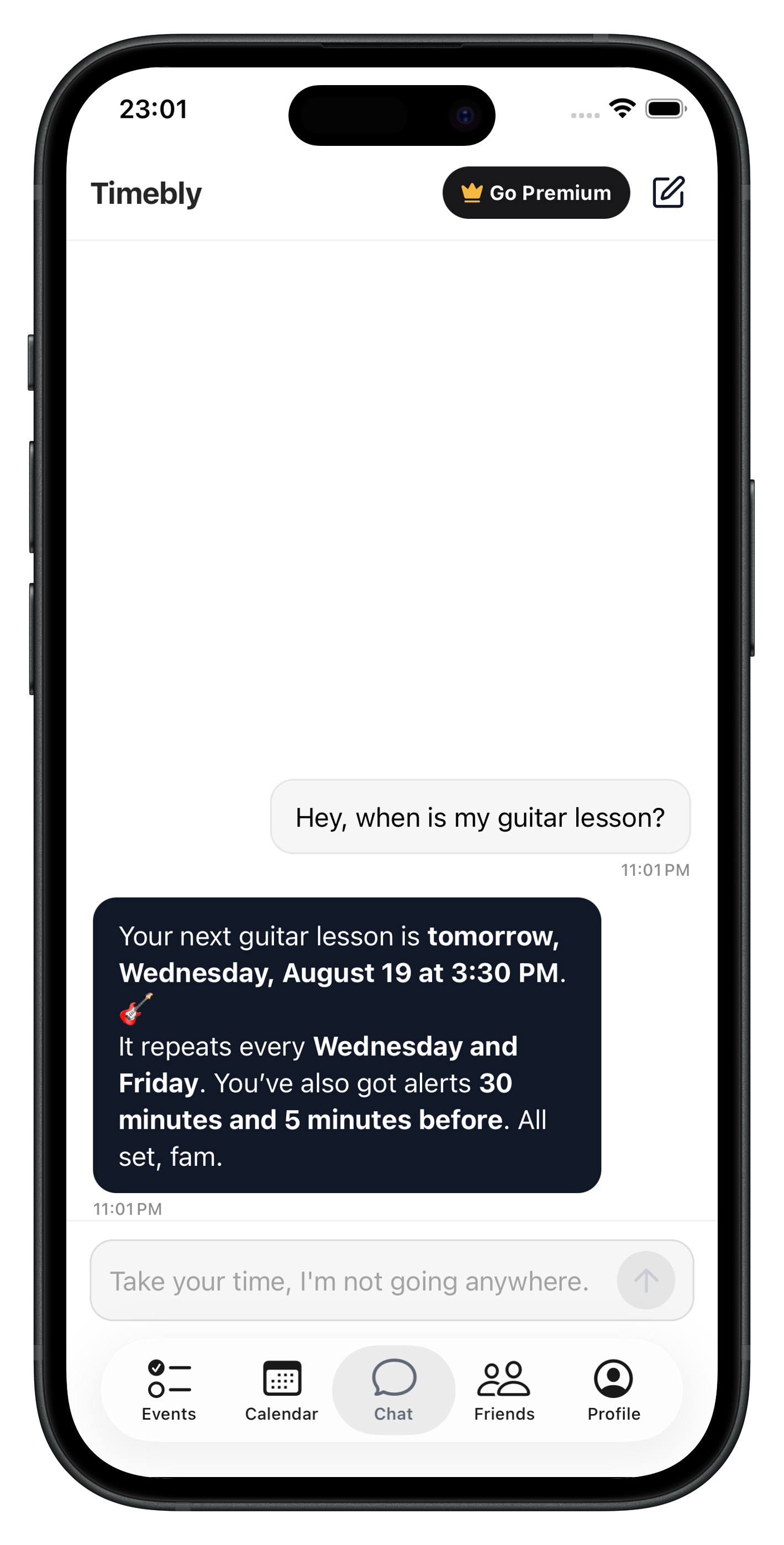 Calendar view of your daily schedule with Timebly