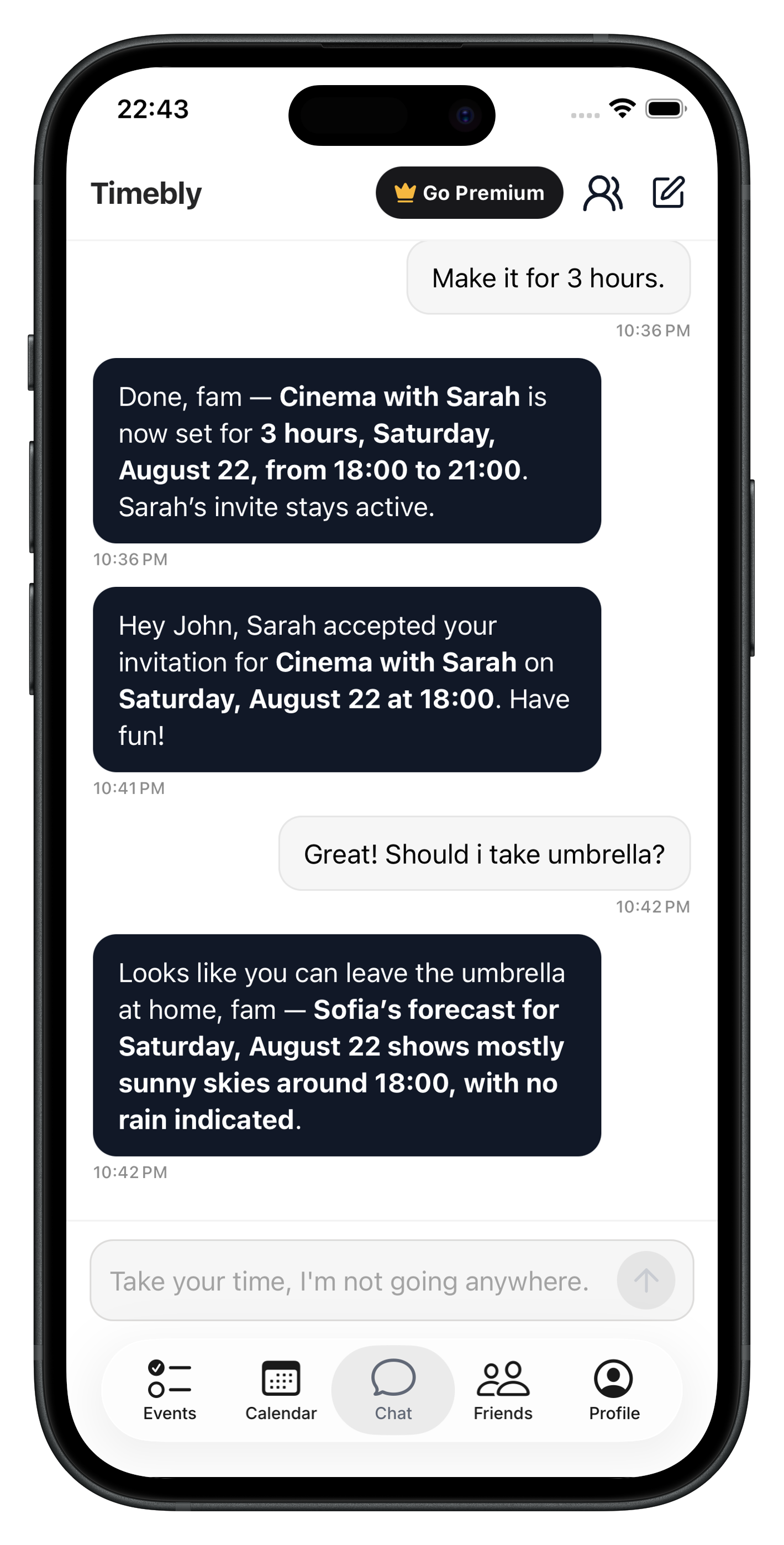 Timebly checks the weather for you