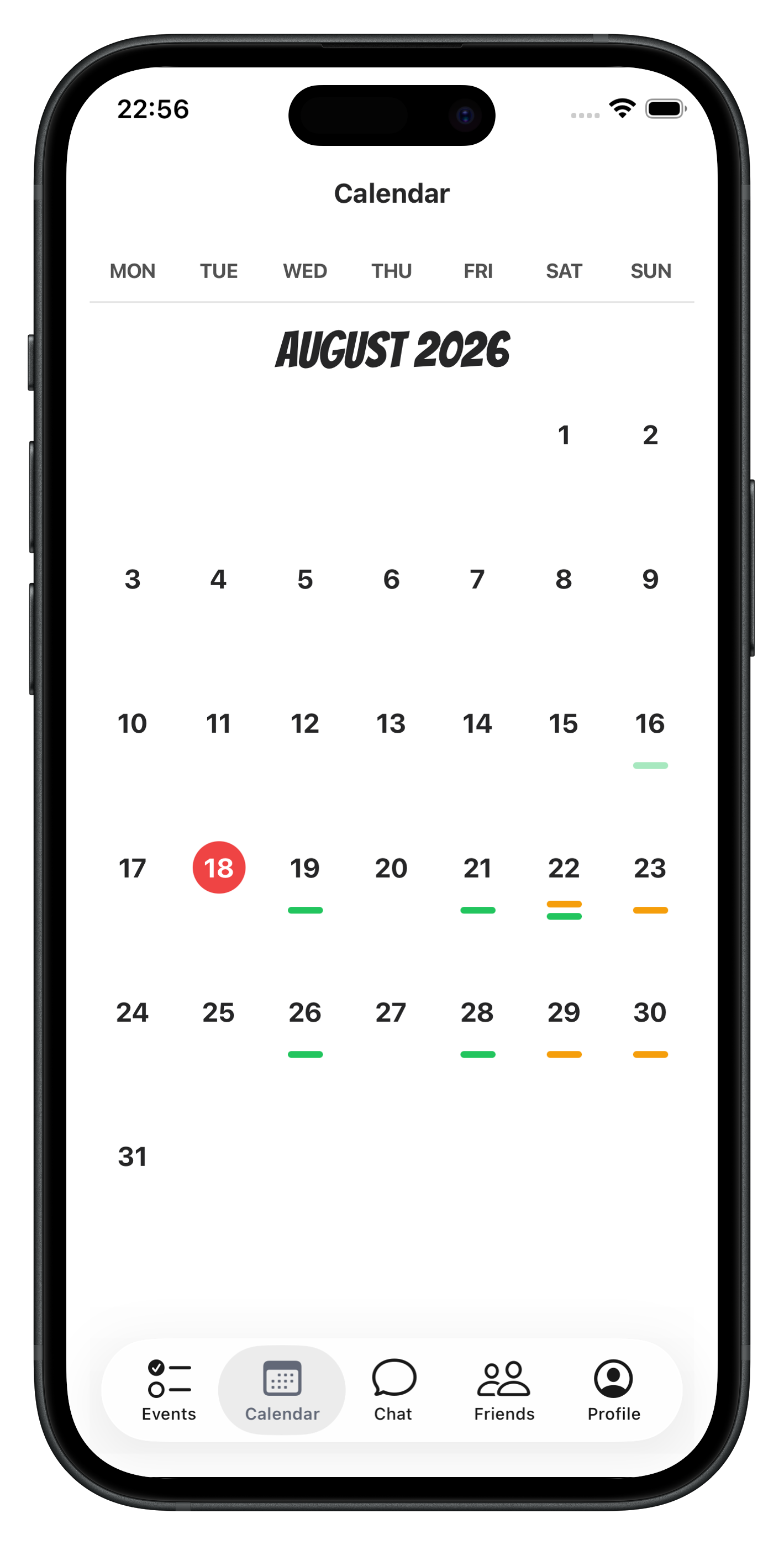 Calendar view of your monthly schedule with Timebly